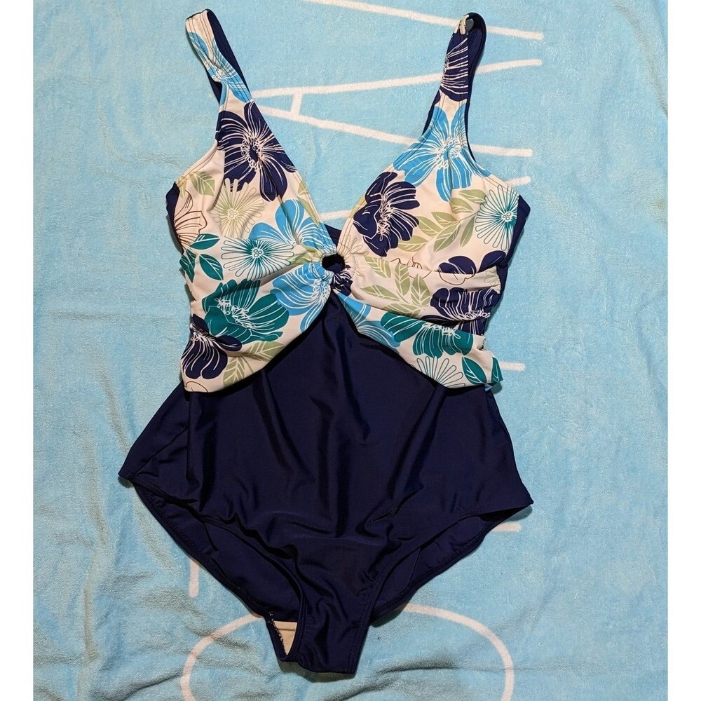 Silhouette Solution Size 16 L Blue One Piece Swimsuit w Floral top